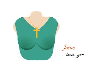 Image showing christian cross on a chain hanging on woman\'s neck