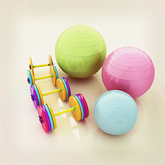 Image showing Fitness ball and dumbell. 3D illustration. Vintage style.