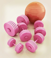 Image showing Fitness ball and dumbell. 3D illustration. Vintage style.