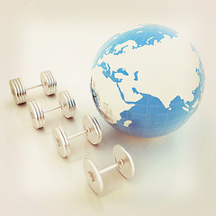 Image showing dumbbells and earth. 3D illustration. Vintage style.