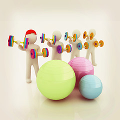Image showing 3d mans with fitness balls and dumbells. 3D illustration. Vintag