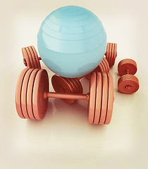 Image showing Fitness ball and dumbell. 3D illustration. Vintage style.