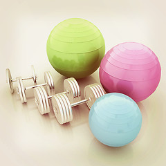 Image showing Fitness ball and dumbell. 3D illustration. Vintage style.