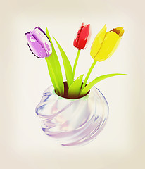 Image showing Tulips with leaf in vase. 3D illustration. Vintage style.