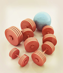 Image showing Fitness ball and dumbell. 3D illustration. Vintage style.