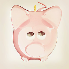 Image showing Piggy bank with gold coin on white. 3D illustration. Vintage sty