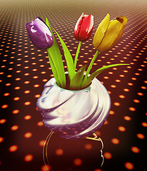 Image showing Tulips with leaf in vase. 3D illustration. Vintage style.