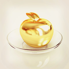 Image showing Gold apple on a plate. 3D illustration. Vintage style.