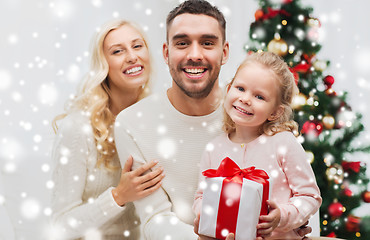 Image showing happy family at home with christmas gift box