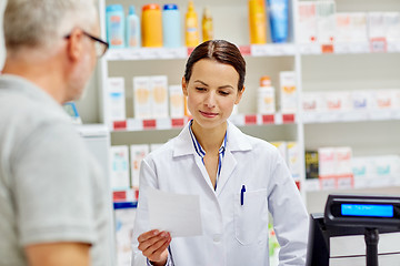 Image showing pharmacist reading prescription and senior man