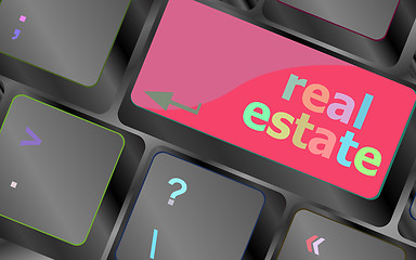 Image showing Real Estate concept. hot key on computer keyboard with Real Estate words vector keyboard key. keyboard button. Vector illustration