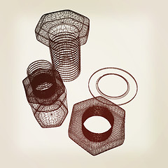 Image showing bolts with a nuts and washers. 3D illustration. Vintage style.