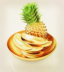 Image showing Gold citrus in a dish. 3D illustration. Vintage style.