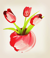 Image showing Tulips with leaf in vase. 3D illustration. Vintage style.