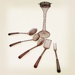 Image showing cutlery. 3D illustration. Vintage style.