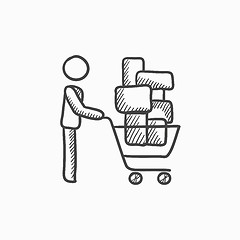 Image showing Man pushing shopping cart sketch icon.