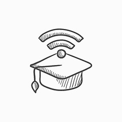 Image showing Graduation cap with wi-fi sign sketch icon.