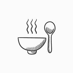 Image showing Bowl of hot soup with spoon sketch icon.