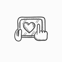 Image showing Hands holding tablet with heart sign sketch icon.