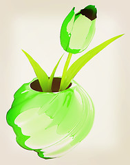 Image showing Tulips with leaf in vase. 3D illustration. Vintage style.