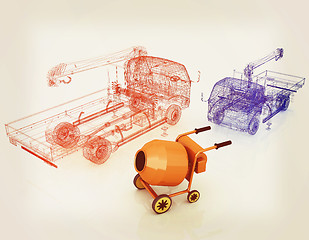 Image showing 3d model concrete mixer and truck. 3D illustration. Vintage styl