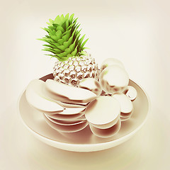 Image showing Metall citrus in a dish. 3D illustration. Vintage style.