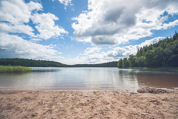 Image showing Beach by a beautiful forest lake