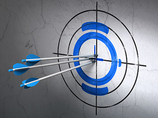 Image showing Timeline concept: arrows in Hand Watch target on wall background