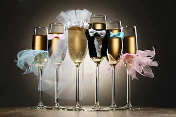 Image showing Composition of stylized glasses with champagne for wedding party