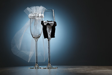 Image showing Decorated wedding champagne glasses