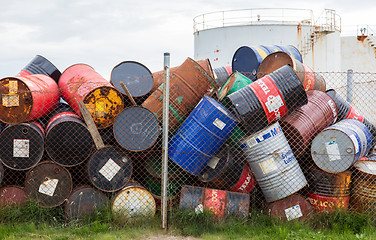 Image showing AKRANES, ICELAND - AUGUST 1, 2016: Oil barrels or chemical drums