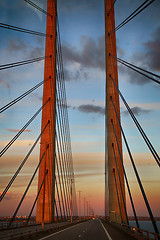 Image showing View on Oresund bridge between Sweden and Denmark at sunset