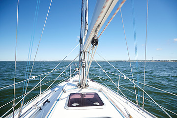 Image showing close up of sailboat or sailing yacht deck in sea