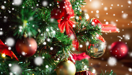 Image showing close up of christmas tree decorated with balls