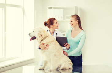 Image showing happy woman with dog and doctor at vet clinic