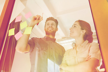 Image showing happy creative team writing on blank office glass