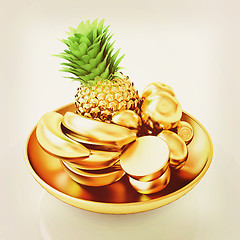 Image showing Gold citrus in a dish. 3D illustration. Vintage style.