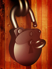 Image showing Old padlock on a wooden door. 3D illustration. Vintage style.