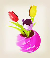 Image showing Tulips with leaf in vase. 3D illustration. Vintage style.