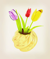 Image showing Tulips with leaf in vase. 3D illustration. Vintage style.