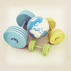 Image showing dumbbells and earth. 3D illustration. Vintage style.