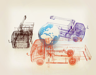 Image showing 3d model truck and Earth. Global concept. 3D illustration. Vinta