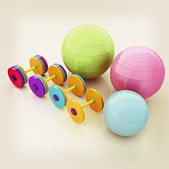 Image showing Fitness ball and dumbell. 3D illustration. Vintage style.