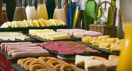 Image showing drinks and food in the morning in a hotel