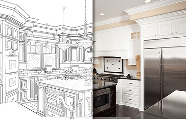 Image showing Split Screen Of Drawing and Photo of New Kitchen