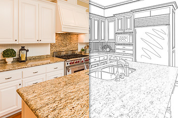 Image showing Split Screen Of Drawing and Photo of New Kitchen