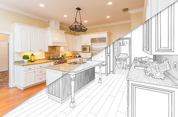Image showing Diagonal Split Screen Of Drawing and Photo of New Kitchen