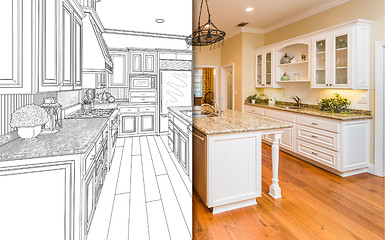 Image showing Split Screen Of Drawing and Photo of New Kitchen