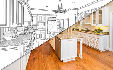 Image showing Diagonal Split Screen Of Drawing and Photo of New Kitchen