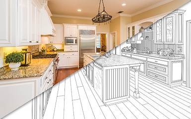 Image showing Diagonal Split Screen Of Drawing and Photo of New Kitchen